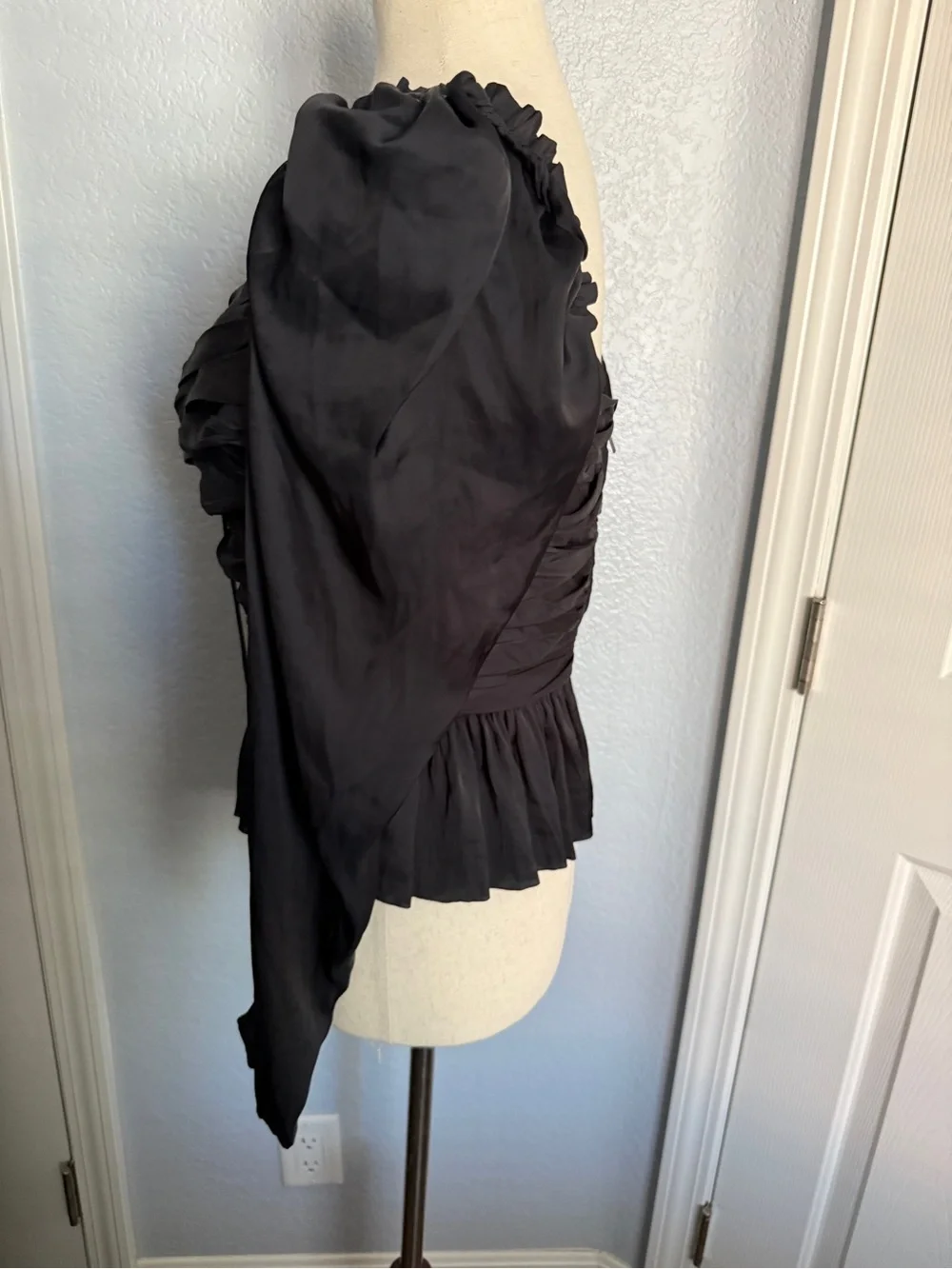 Ulla Johnson Black Ruched Peplum Blouse Puff Sleeve Silk Blend Top S